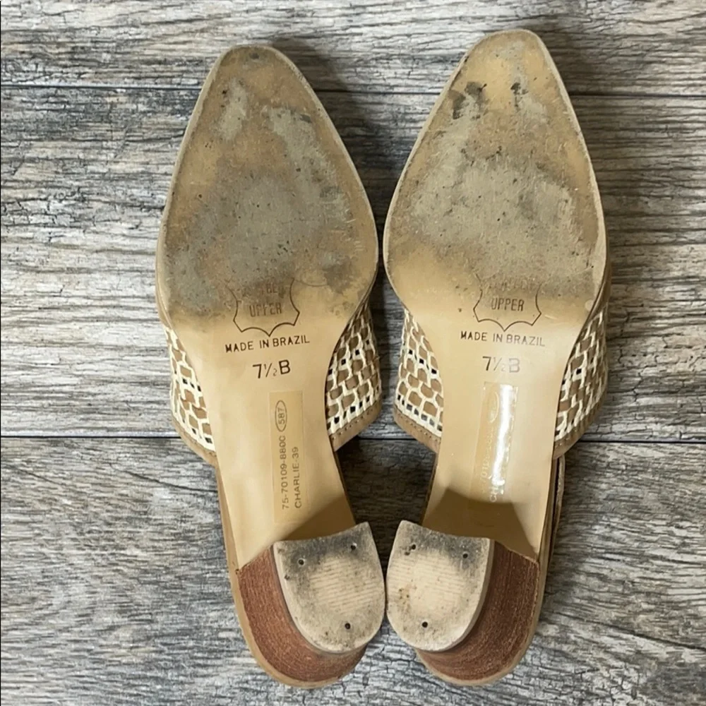 Wild Pair Boho Leather Slip On Basketweave Mule Heels Tan 7.5B - Picture 11 of 15